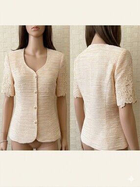 Karen Miller Cream Short-Sleeve Textured Jacket Size 12
